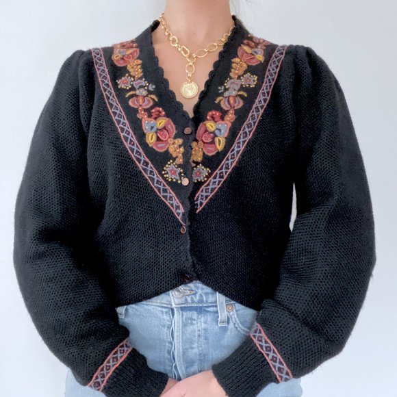 Vintage Sweaters - Vintage Embroidered Black Cardigan Sweater M